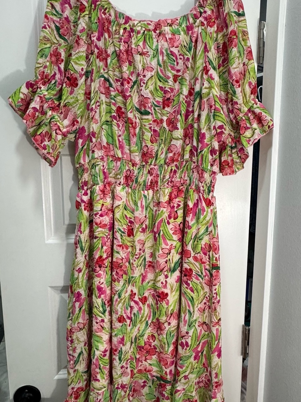 Chenault Pink and Green Floral Off-Shoulder Midi Dress